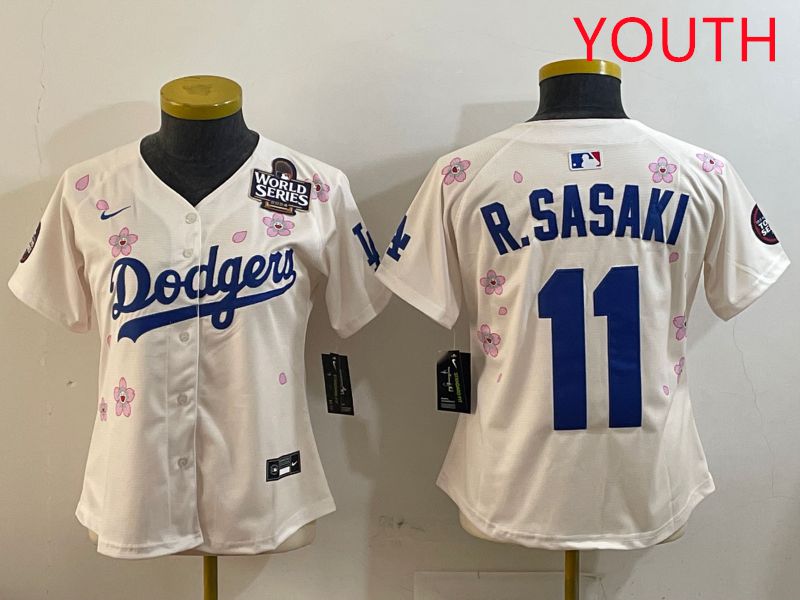 Youth Los Angeles Dodgers #11 R.Sasaki Cream Sakura Edition 2025 Nike MLB Jersey style 3